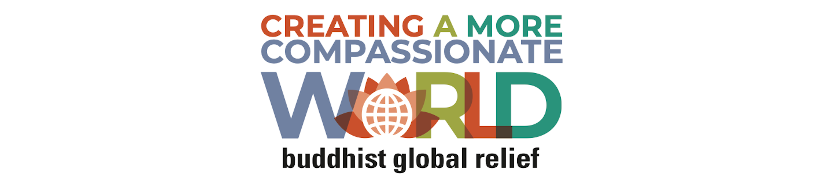 Logo with colorful text promoting a compassionate world through Buddhist global religion.