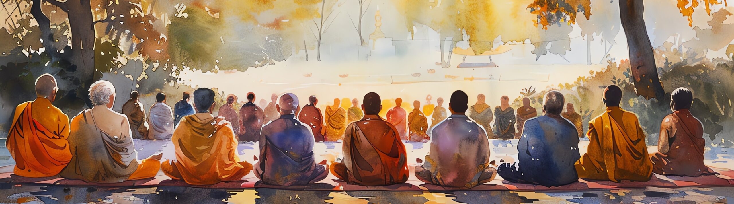 Monks meditating outdoors in serene morning light.
