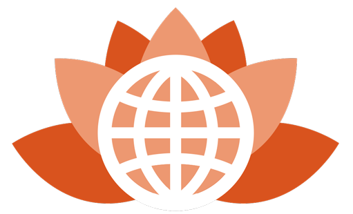 A globe icon over a stylized lotus flower.