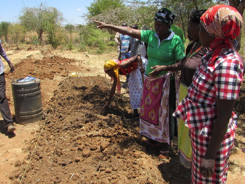 Women examining soil or compost in an outdoor setting.