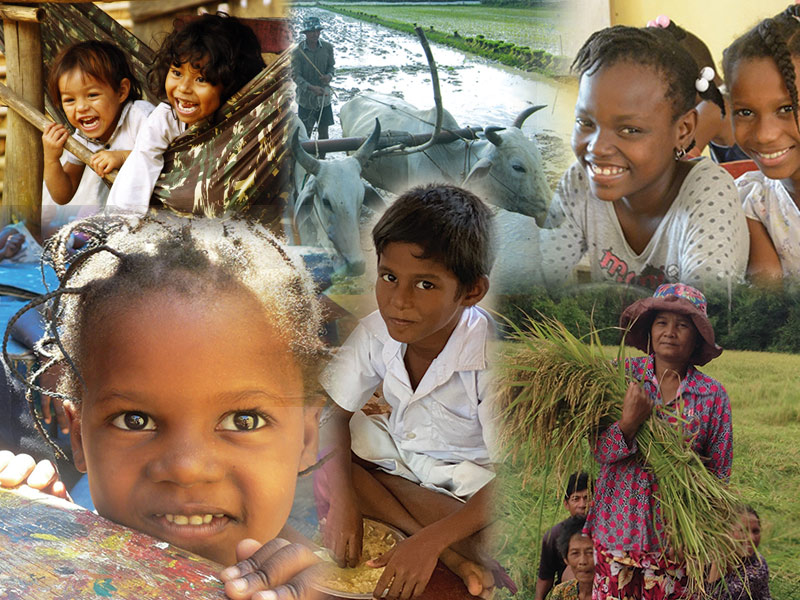 Buddhist Global Relief's homepage banner collages of a farmer working in the field, a farmer lady holding wheat, and smiling children having meals