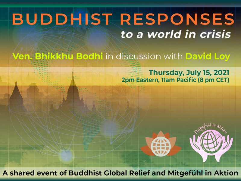 Event poster for Buddhist discussion on climate crisis response.