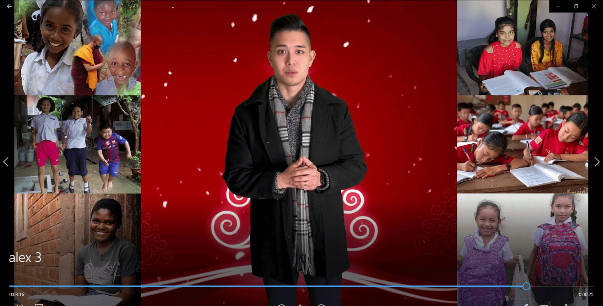 Young man in a black coat and scarf standing against a red festive background.