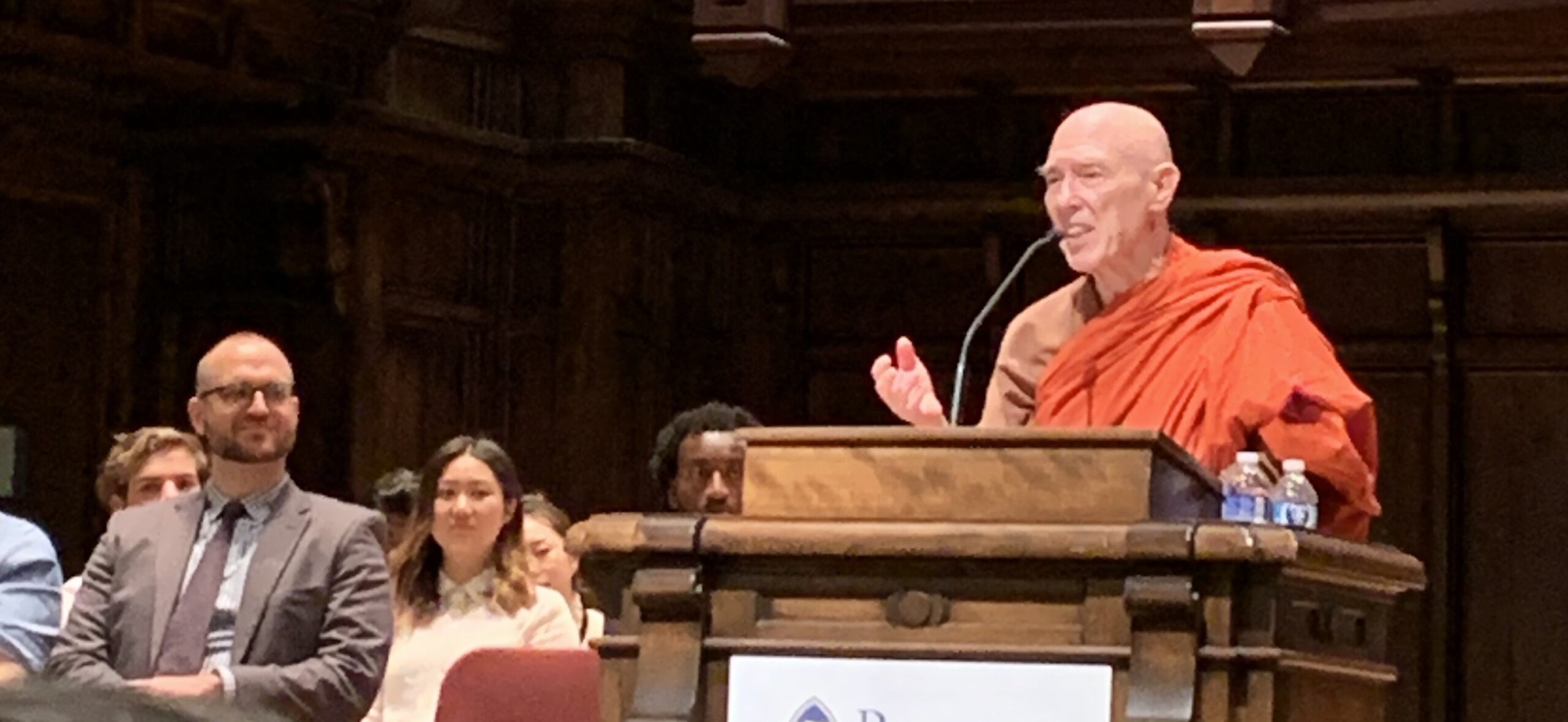 Venerable Bhikkhu Bodhi presents the keynote speech at the Interfaith Baccalaureate for the Claremont colleges, on May 12, 2023