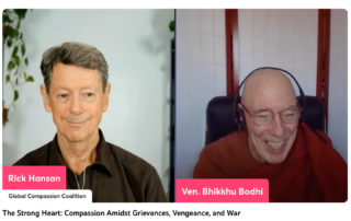 A split-screen YouTube conversation between Rick Hanson and Ven. Bhikkhu Bodhi.