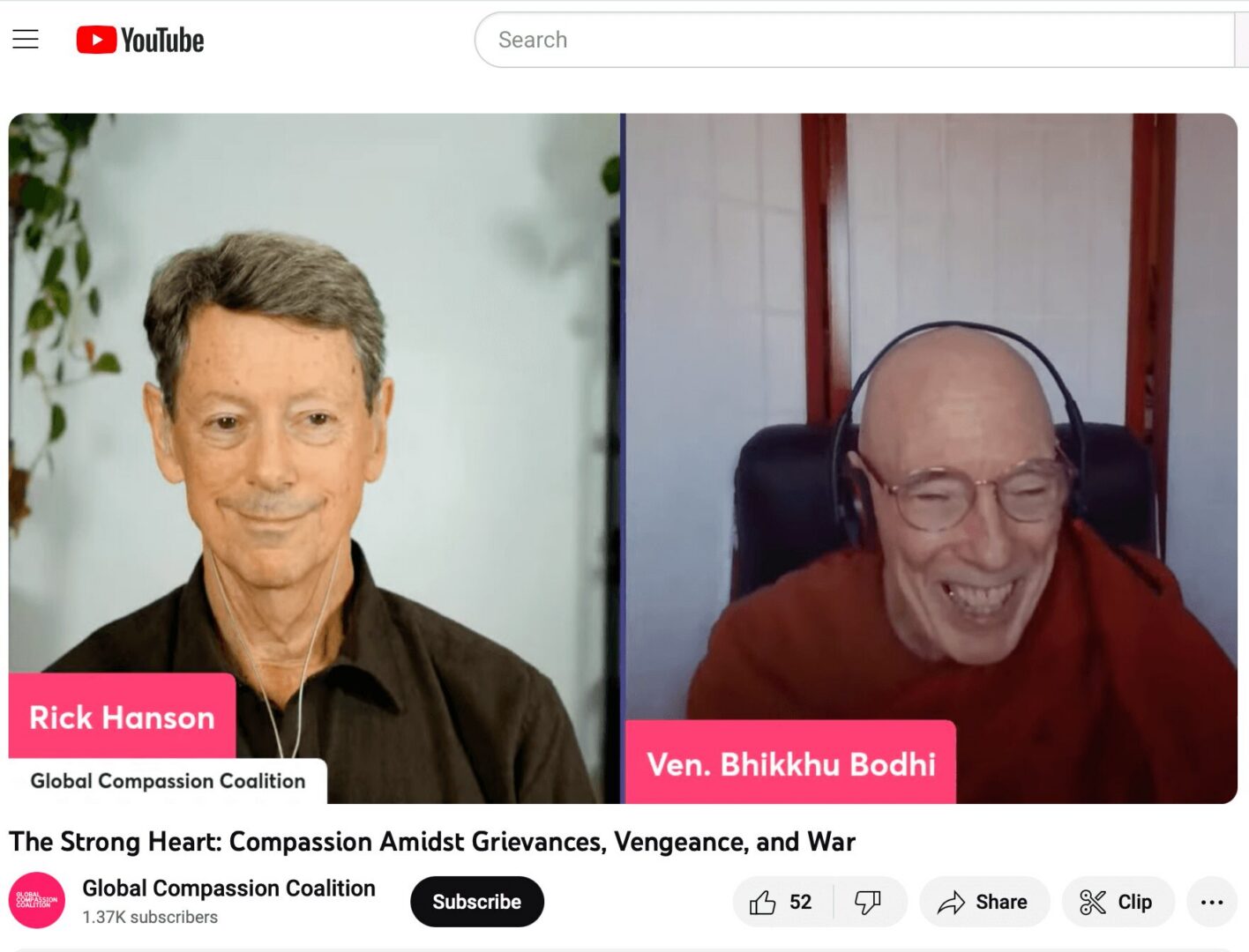 A split-screen YouTube conversation between Rick Hanson and Ven. Bhikkhu Bodhi.