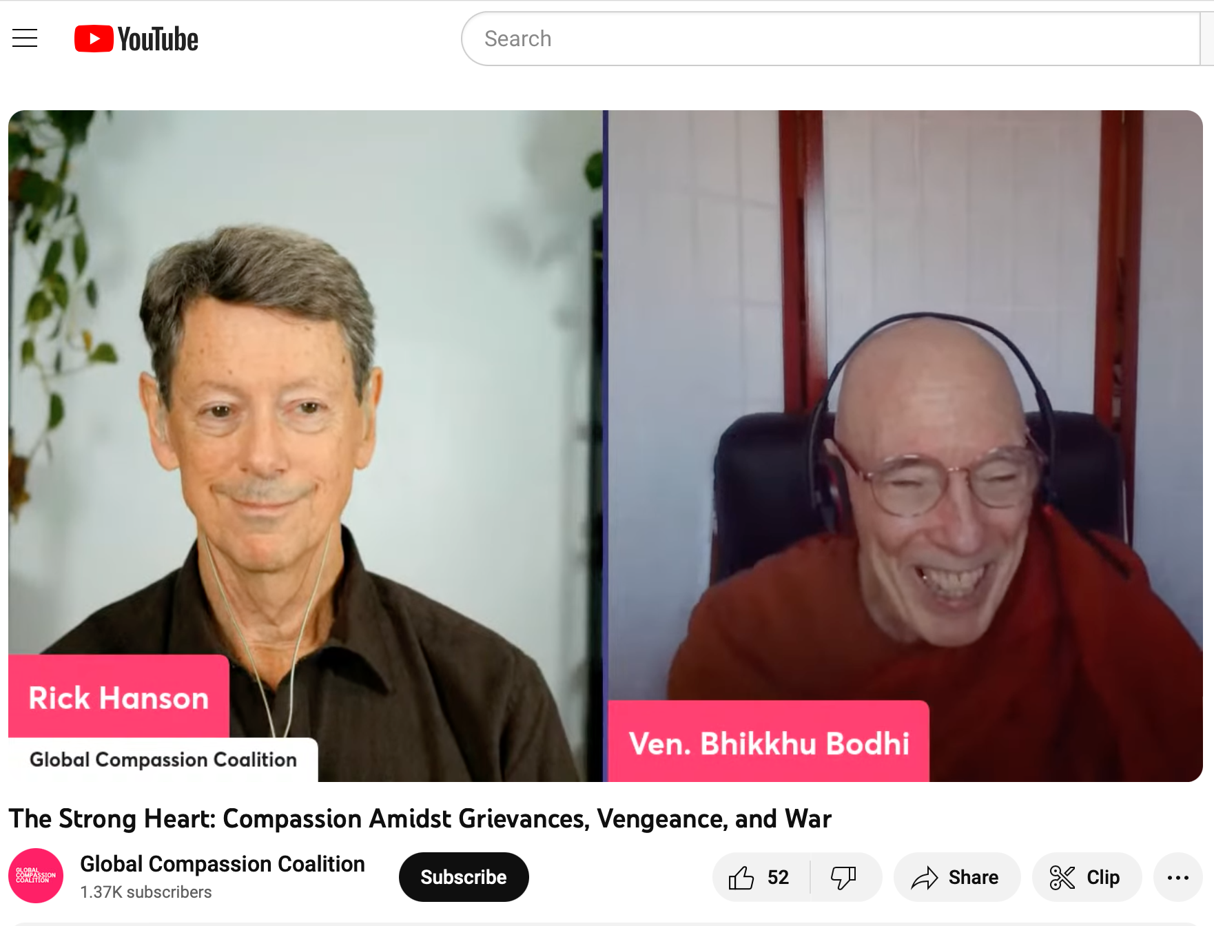 A split-screen YouTube conversation between Rick Hanson and Ven. Bhikkhu Bodhi.