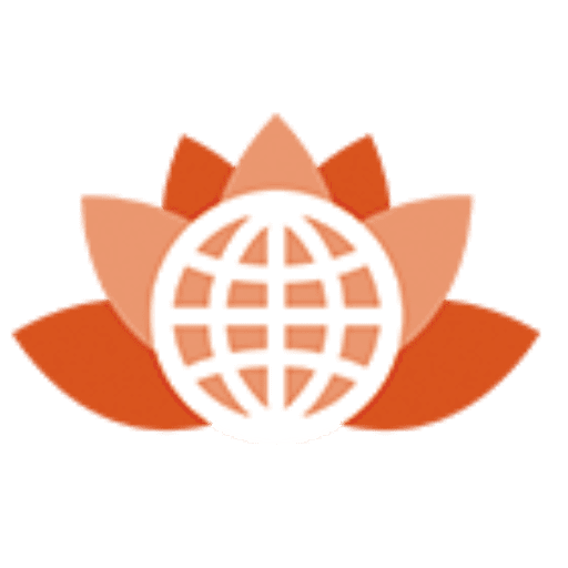 A globe icon overlaying an orange lotus flower symbol.
