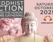 Buddha statue with event details for a Buddhist gathering in October 2023.
