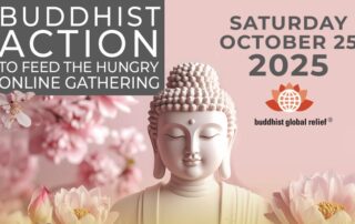 Buddha statue with event details for a Buddhist gathering in October 2023.