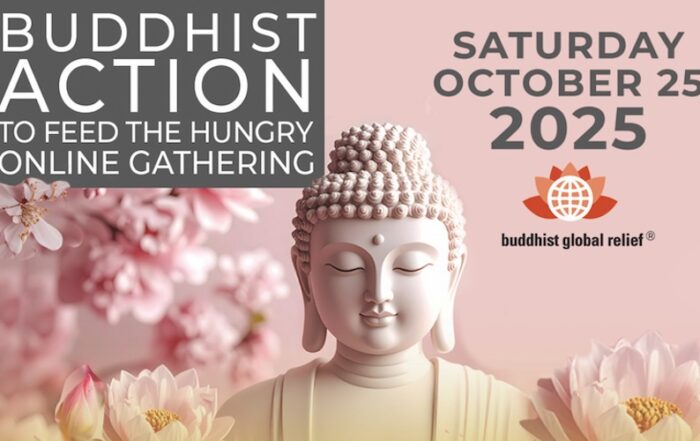 Buddha statue with event details for a Buddhist gathering in October 2023.
