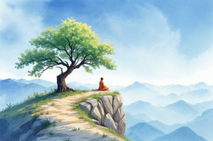 Monk meditating under tree on mountain cliff.