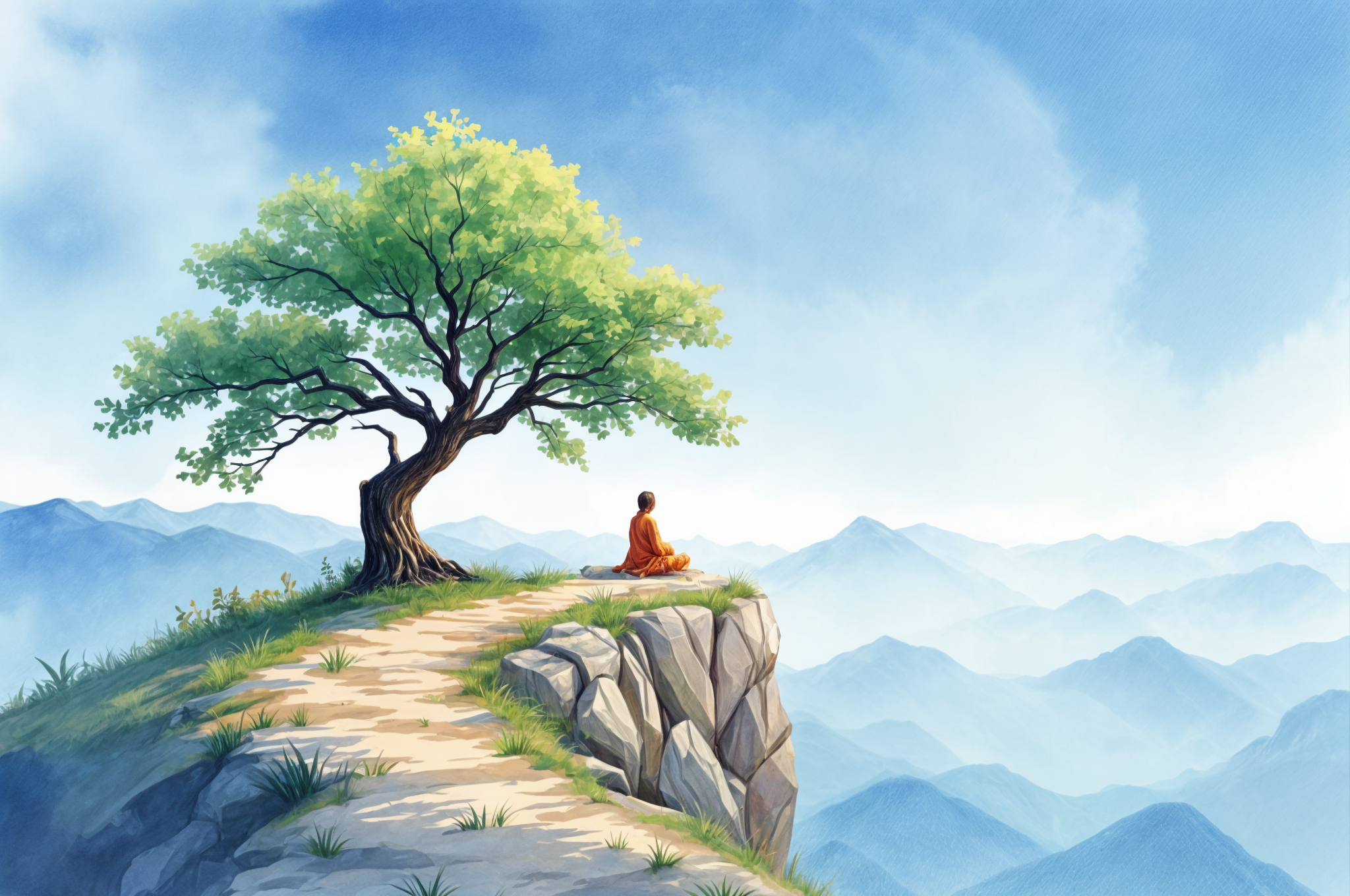Monk meditating under tree on mountain cliff.