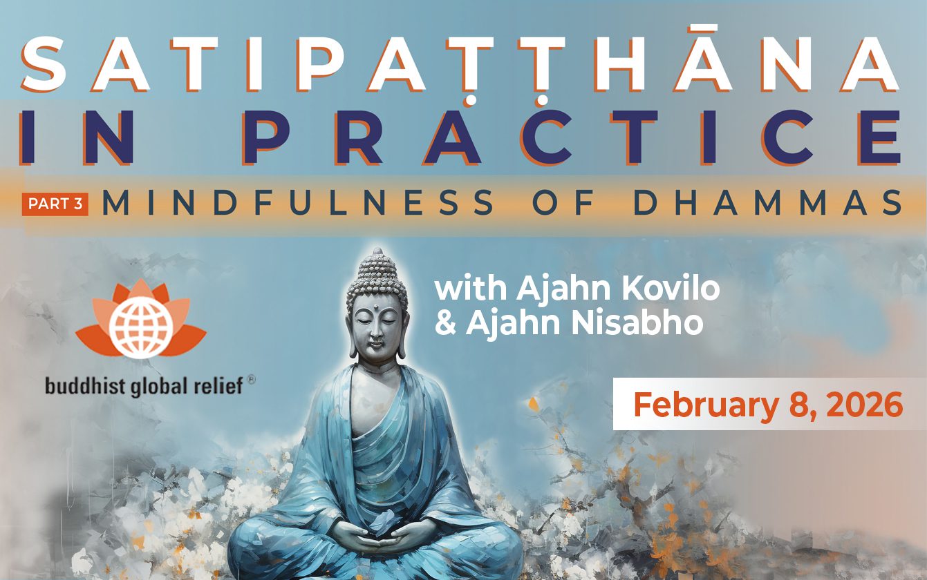 Meditating Buddha statue with mindfulness event text